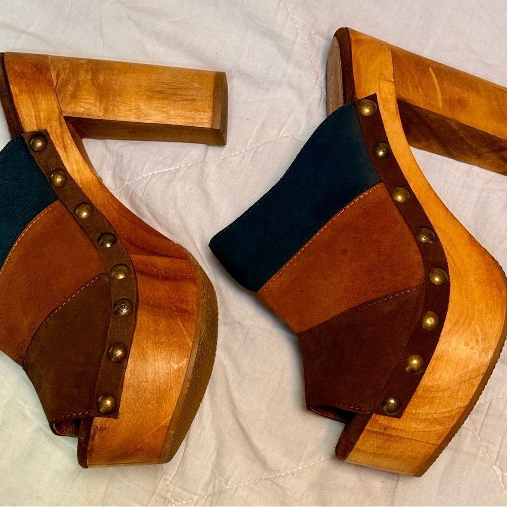 Five Worlds striped Suede platform clogs W/chunky wooden heels made in Mexico - Picture 7 of 9